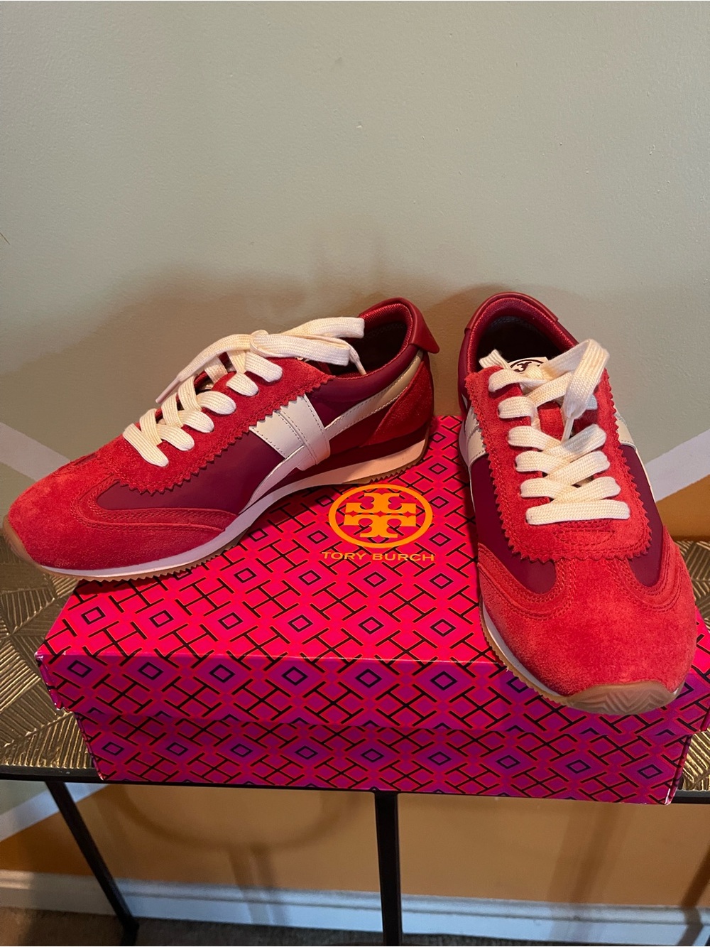 NWT Tory Burch Womens Red Suede Runner Sneakers with White Accents, Size 6.5